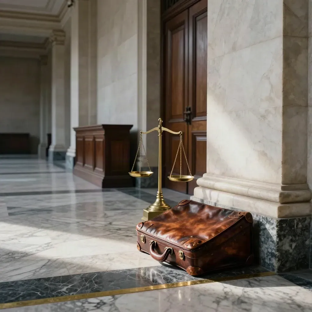 Pasillo judicial de mármol en Madrid con maletín de cuero, balanza de bronce y puerta de roble esmerilado.