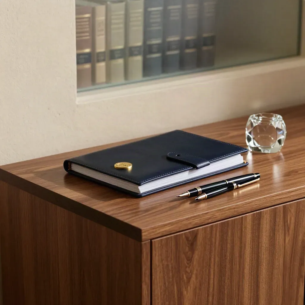 Credenza de despacho con portafolio cerrado, sello de bronce y dos plumas alineadas.