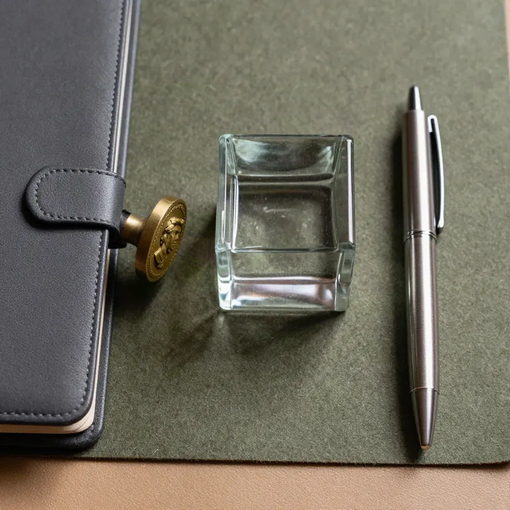 Sellos y accesorios legales sobre fieltro oliva, con luz rasante y sombras profundas.