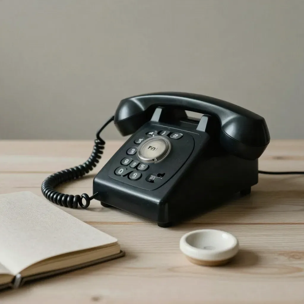 Teléfono fijo negro, libreta cerrada y peso cerámico sobre madera clara, luz suave.