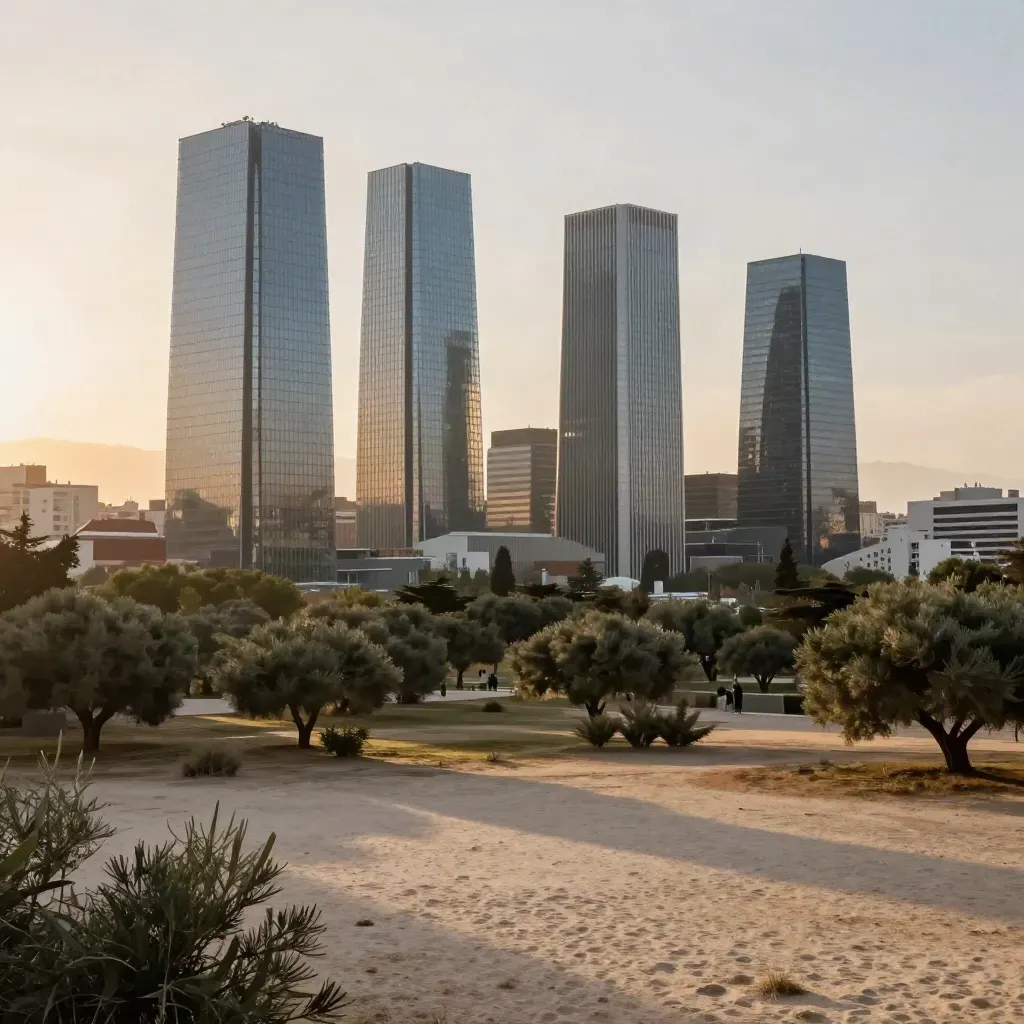 Skyline de Madrid con las Cuatro Torres sobre parque seco al atardecer