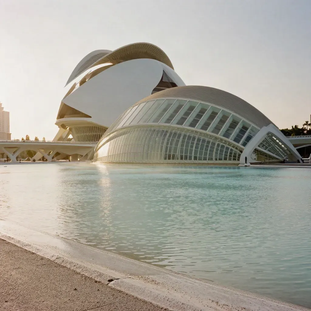 La Ciudad de las Artes y las Ciencias sobre agua quieta y luz cálida en Valencia.